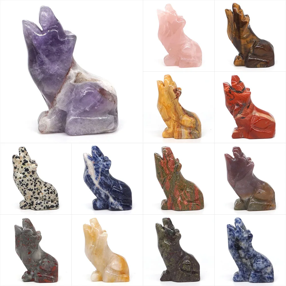 

2" Wolf Statue Stone Carving Natural Gemstone Crystal Chakra Reiki Healing Quartz Animal Figurine Home Office Desktop Decoration