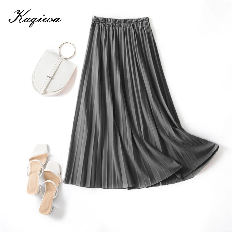 

Spring and summer 2021 new large thin simple style pleated skirt elastic high waist thin versatile mid length skirt
