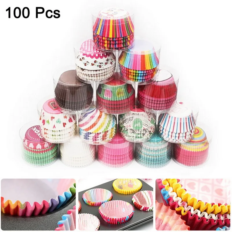 100 Oil-proof Barreled Rainbow Cake Paper Cup Baking Muffin Chocolate Sticky Rice Tray Party Mini Cups | Дом и сад