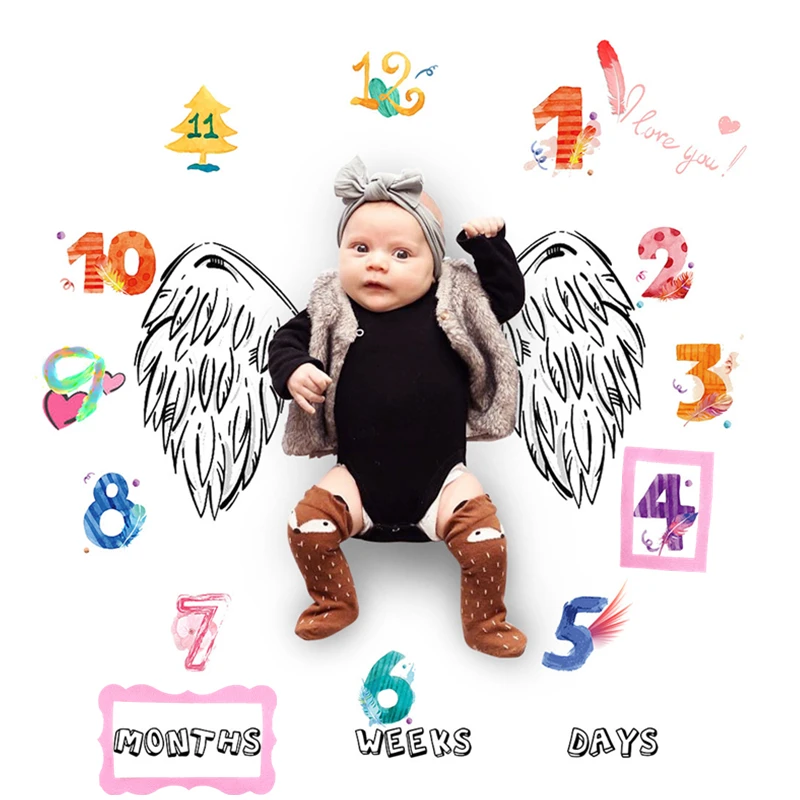 

1m x 1m Baby Monthly Milestone Blanket Background Cloth Angel Wings Carpet Calendar Photo Backdrop Diaper Photography Props