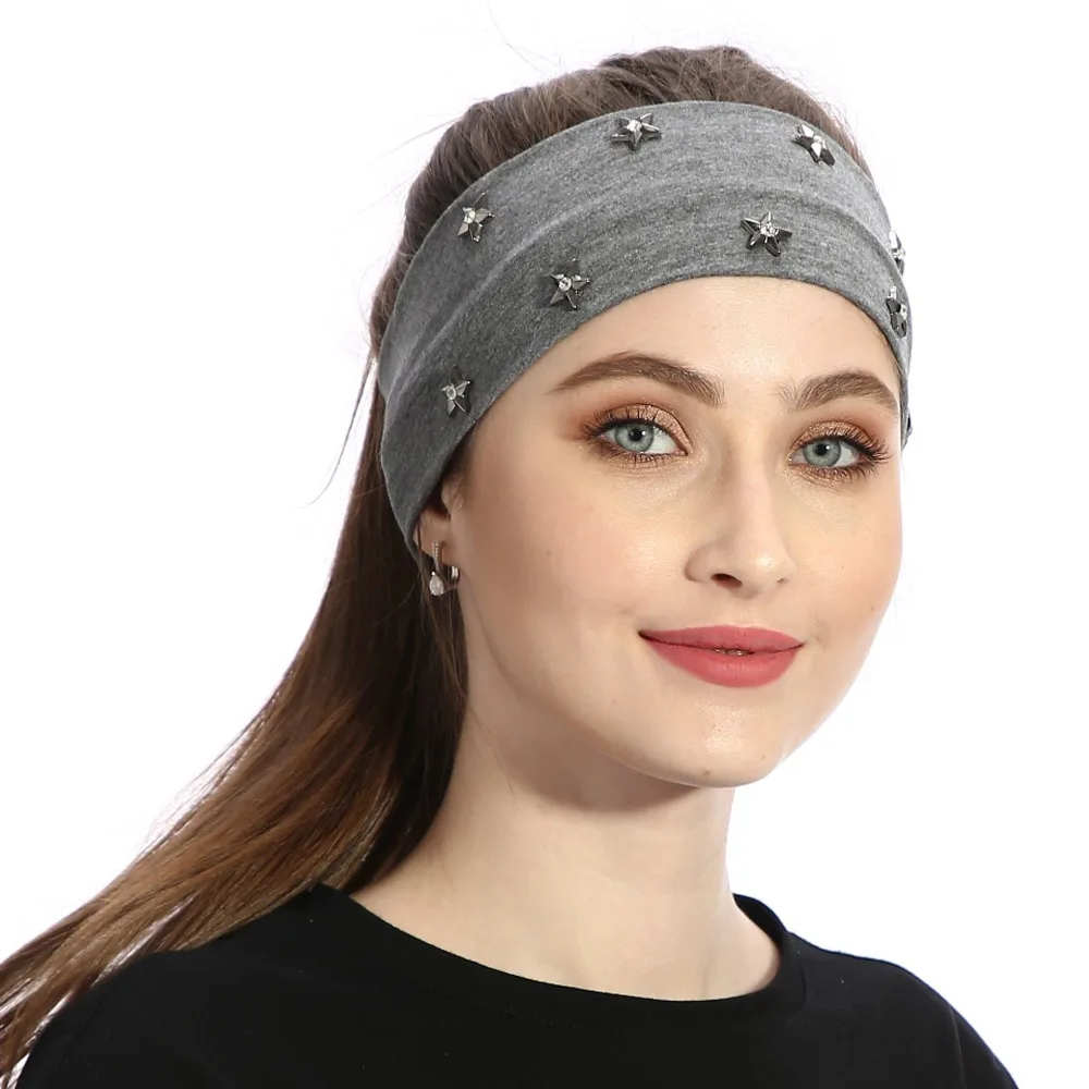 

Women Fashion Headband Star Rhinestones Hair Accessories Handmade Headbands For Girls Female Turban Wraps Solid Cotton Hairband