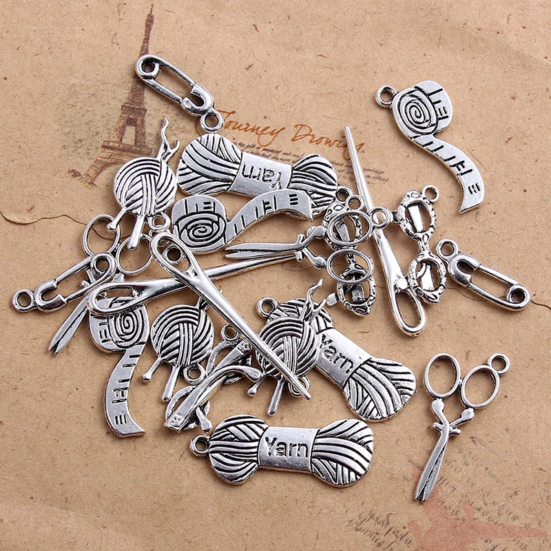 Тибетский серебряный ролик для шитья игла ножницы пряжа Смешанные Подвески