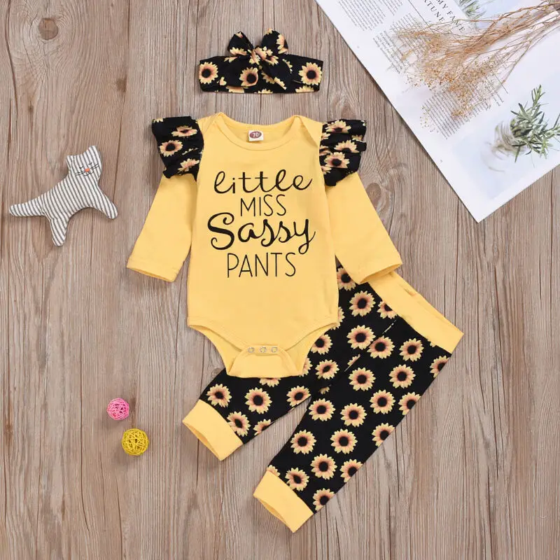 Одежда для маленьких девочек боди в виде подсолнуха брюки повязка на голову 3 шт.