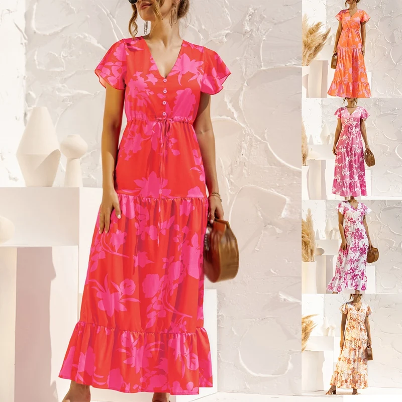 

Women's V-Neck Bohemian Summer Drawstring Belt Retro Printed Long Dress