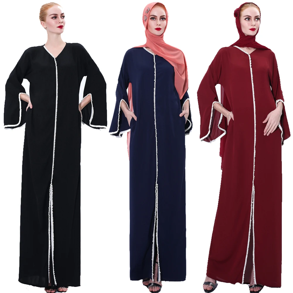 Женское длинное платье-макси Abaya, с жемчугом и рукавами-фонариками, с V-образным вырезом