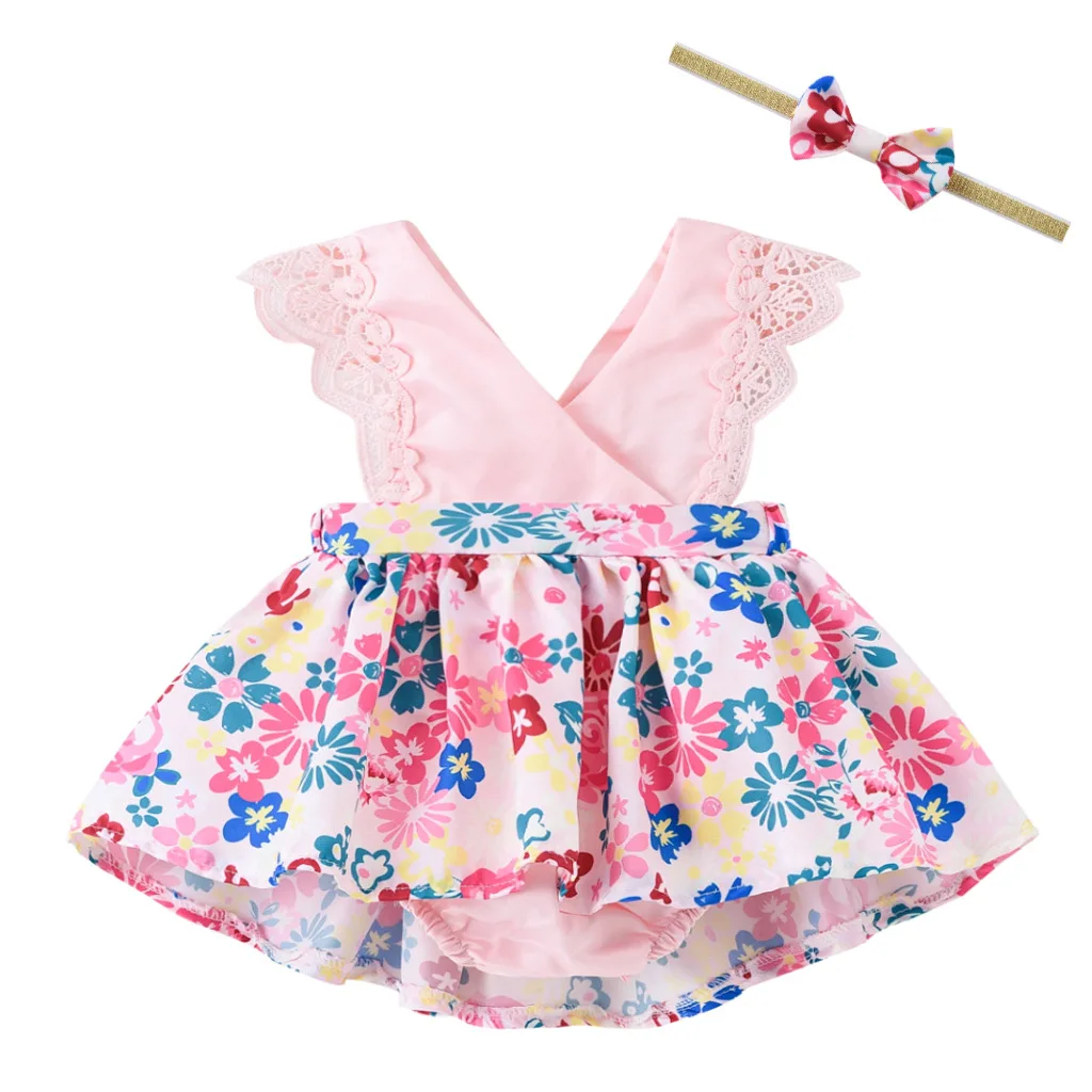 

Newborn Baby Girl Clothes Lace Ruffle Sunflower Print Romper Headband 2Pcs Summer Sleeveless Outfits Sunsuit for 0-24Months