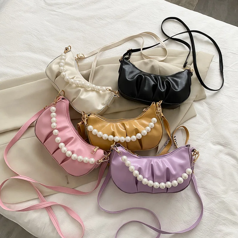 

Fashion Women Small Crossbody Bags Beaded Chain Ladies Baguette Handbags Pleated Female Shoulder Messenger Bag Clutch Purse