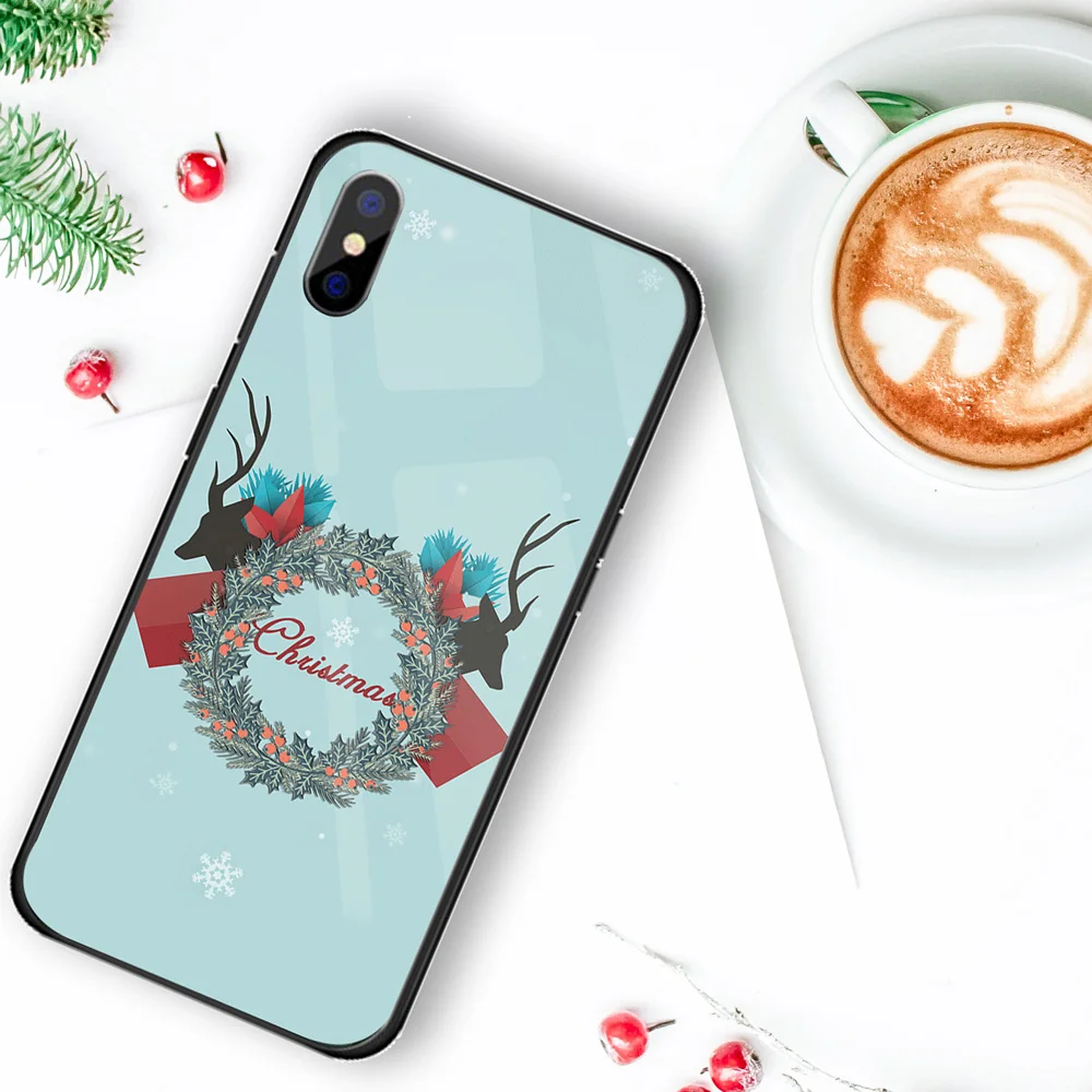 Роскошный Рождественский чехол для iPhone X XS XR XSMAX, жесткий стеклянный чехол Чехол для iPhone 5 5S SE 6 6S 7 8, новогодний подарок, Conque