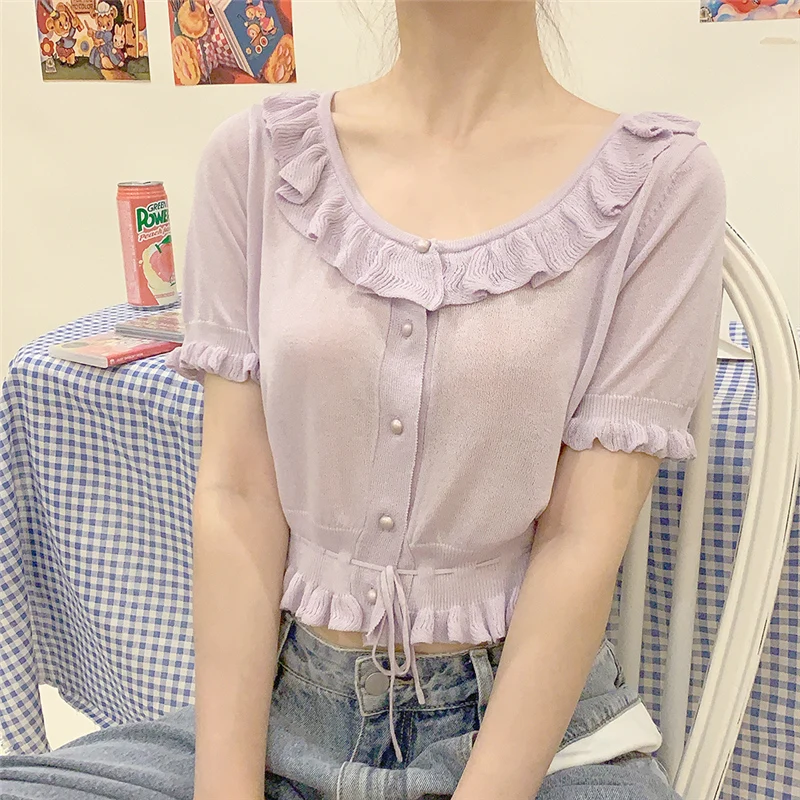 Summer Vintage Ruffles Short Sleeve Blouses for Women Korean Lace Up Knitted Crop Tops Lolita Cute Girl Sweet Button Down Shirts