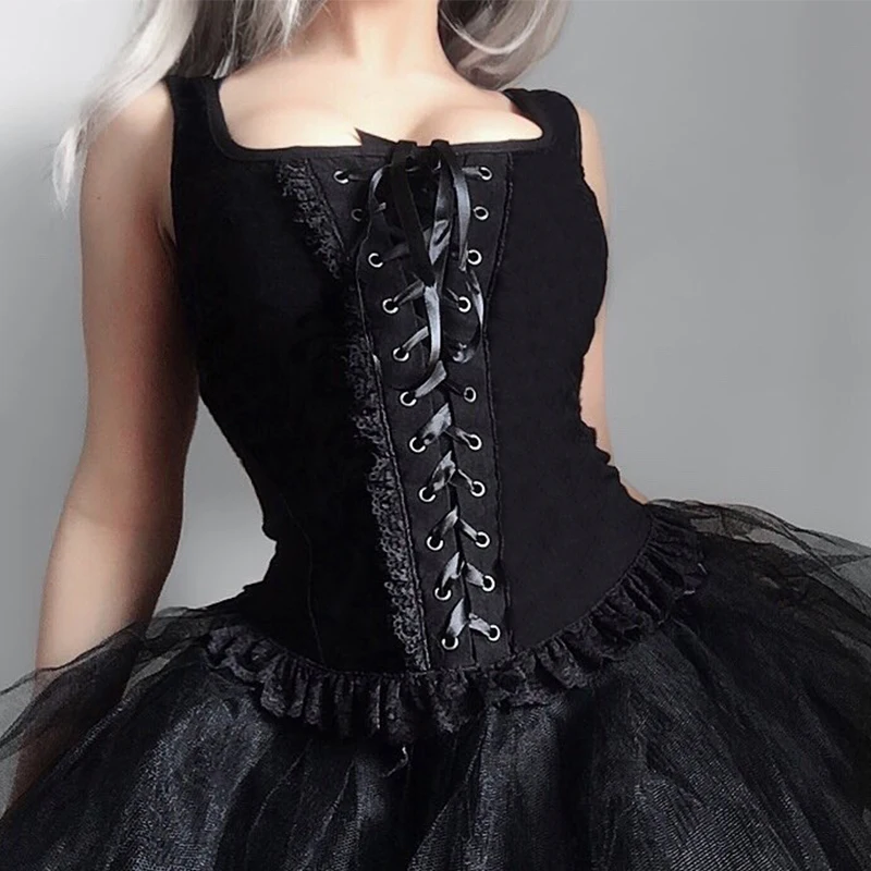 

Black Bandage Tank Tops Vintage Lace Women Tank Top Streetwear Sleeveless Sext Mesh Ruch Ruffle Tops Crop Top Women