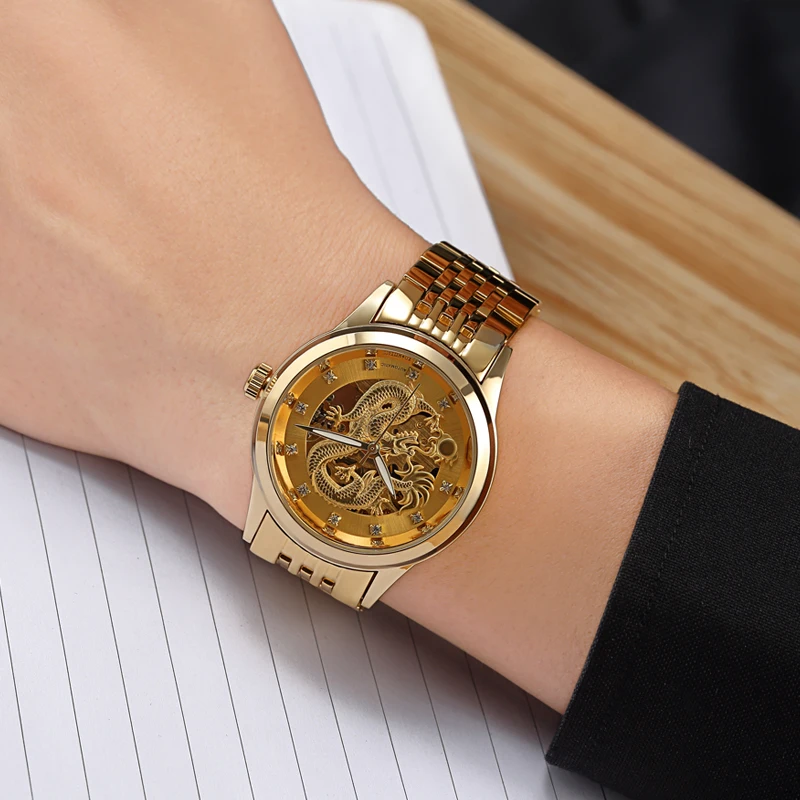 

New Golden Men'S Watches Chinese Dragon Totem Hollow out Automatic Mechanical Business Waterproof Watch For Men Wristwatch