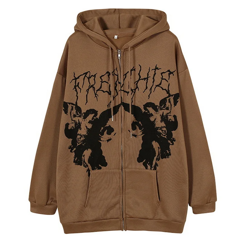 

Women Angel Printed Oversized Sweatshirt Fashion Long Sleeve Zipper Loose Casual Hooded Tops Street Sports Autumn Spring Clothes