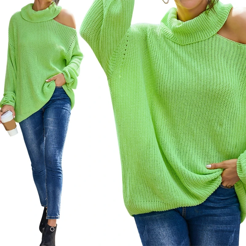 

Women Long Sleeve Turtleneck Knitted Sweater Sexy off Shoulder Solid Color Pullover Tunic Tops Female Clothes