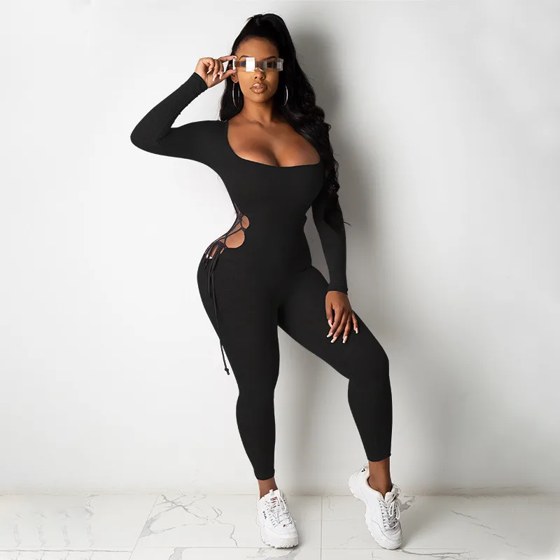 

CHRONSTYLE Jumpsuits Streetwear Women Long Sleeve Long Pants Hollow Out Fitness Bandage Sexy Club Party Jumpsuit Trousers Female