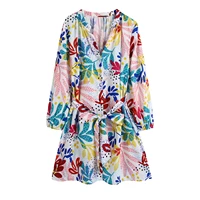 women 2021 fashion with belt printed poplin mini dress vintage slot collar long sleeves female summer dresses chic robe