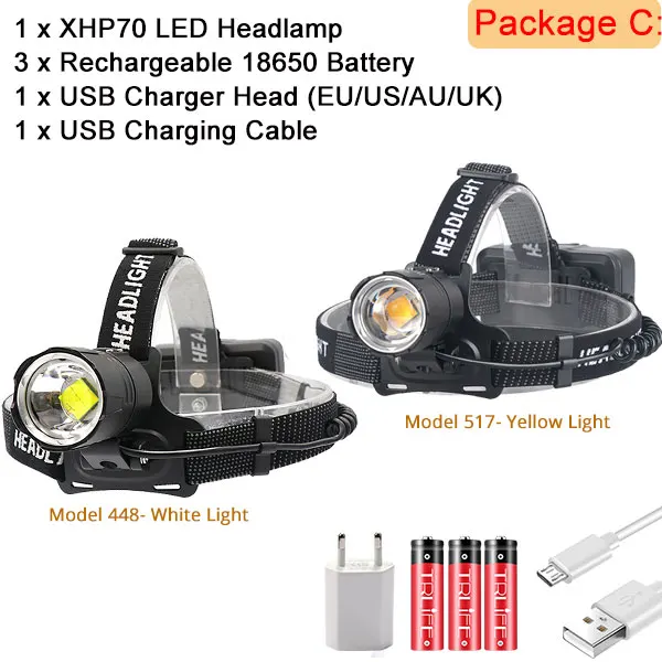 Супер яркий светодиодный фонарь XHP70.2, желтый, белый, налобный фонарь, USB Перезаряжаемый фонарь, фонарь XHP, 3*18650, аккумулятор для рыб - Испускаемый цвет: Option C