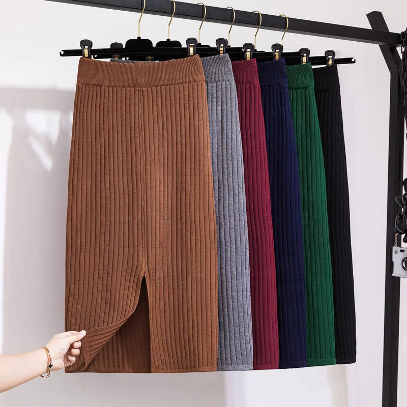 Faldas mujer moda осень зима женские трикотажные юбки однотонные сексуальные длинные юбки с разрезом faldas largas mujer