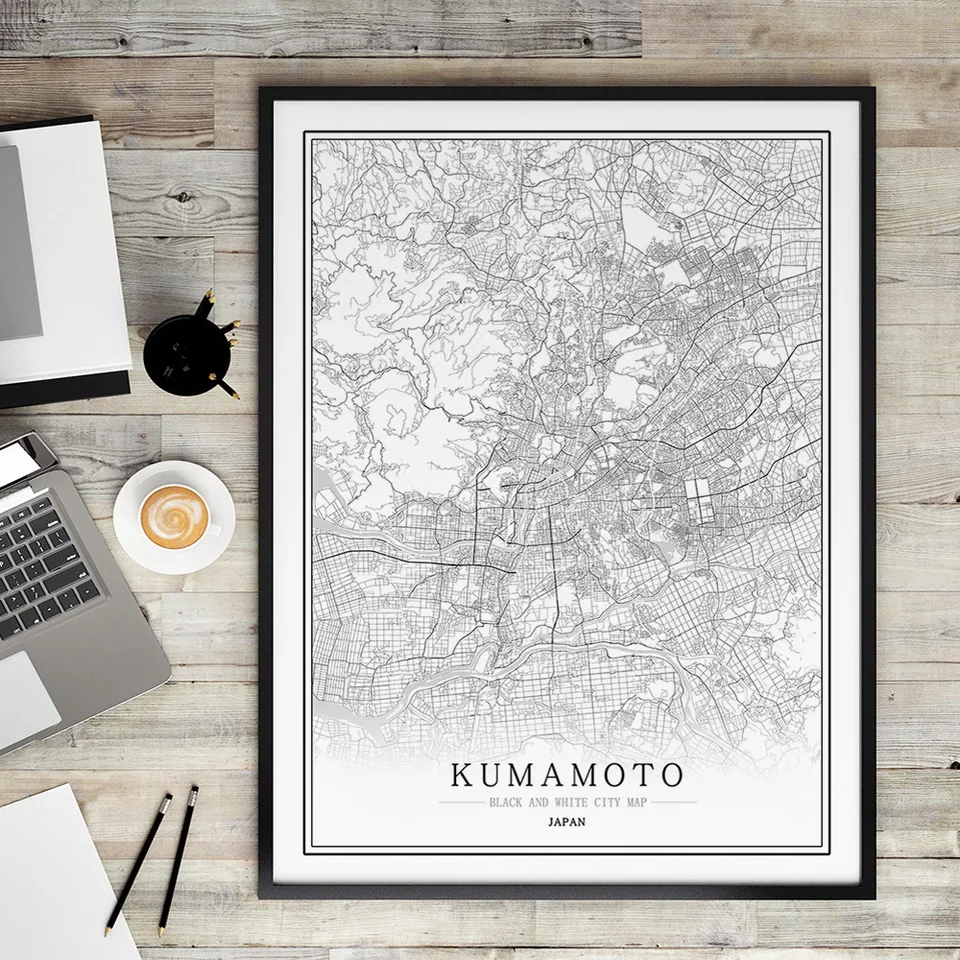 Японская черно-белая карта города плакат Скандинавская гостиная Токио Кобе