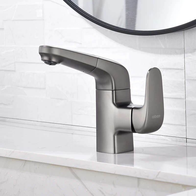 

Pull-out Matte Gray Basin Sink Bathroom Faucet Deck Mounted Hot Cold Water Basin Mixer Taps Countertop Faucet