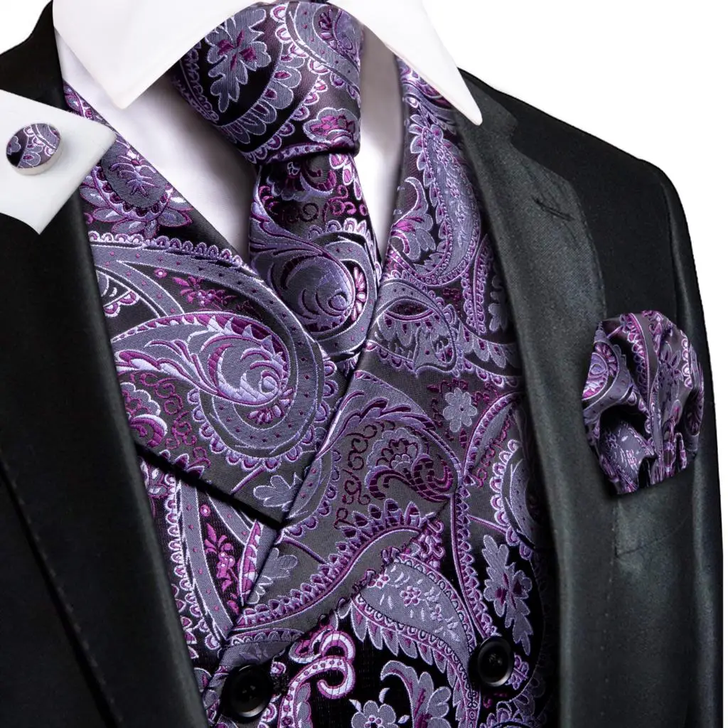 

Silk Men's Vests Neck Tie Set Red Blue Pink Purple Gold Slim Vest 4PC Necktie Hanky cufflinks for Suit Paisley Floral Waistcoat