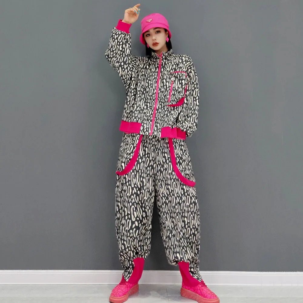 

European station autumn 2021 new fashion suit Korean leopard print casual jacket + pants sports women's two-piece suit tracksuit