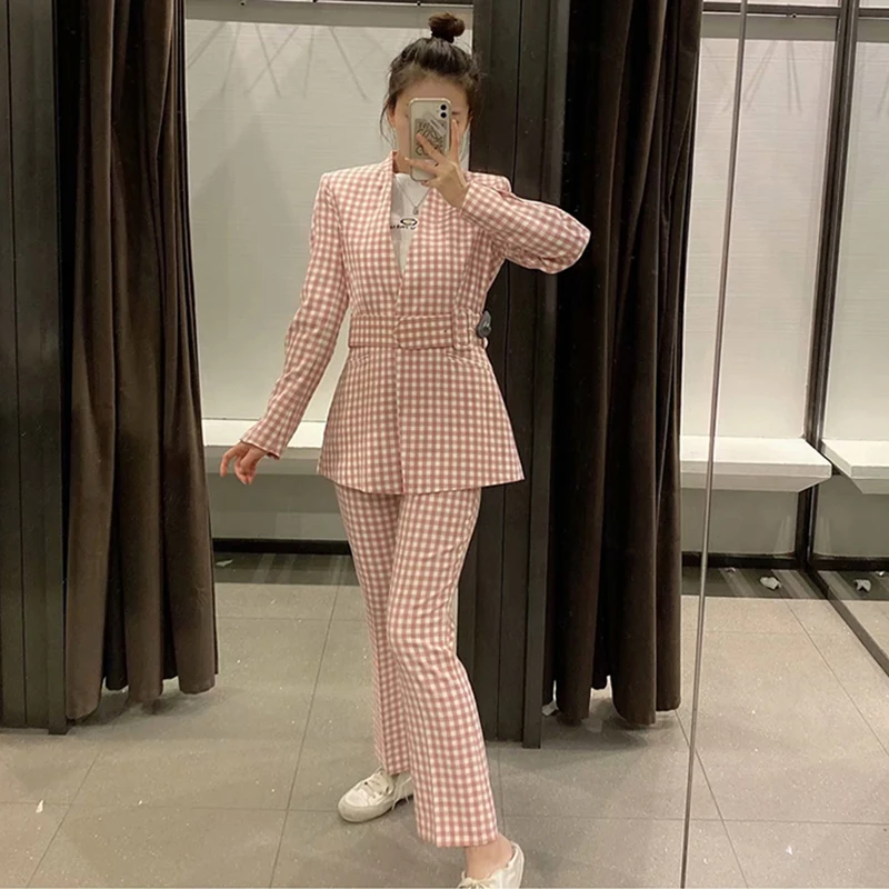 

Pink Plaid Pant Suits Women Autumn Lace-up Blazer Flared Pants High Waist Slim Casual Trousers Sweet Girl Outfits