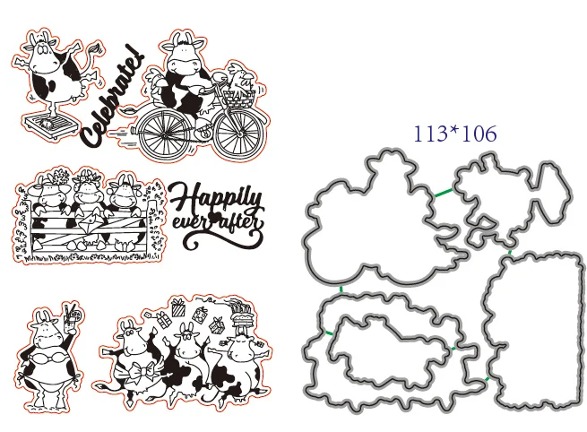 Прозрачный силиконовый штамп и металлический для скрапбукинга Веселые коровы