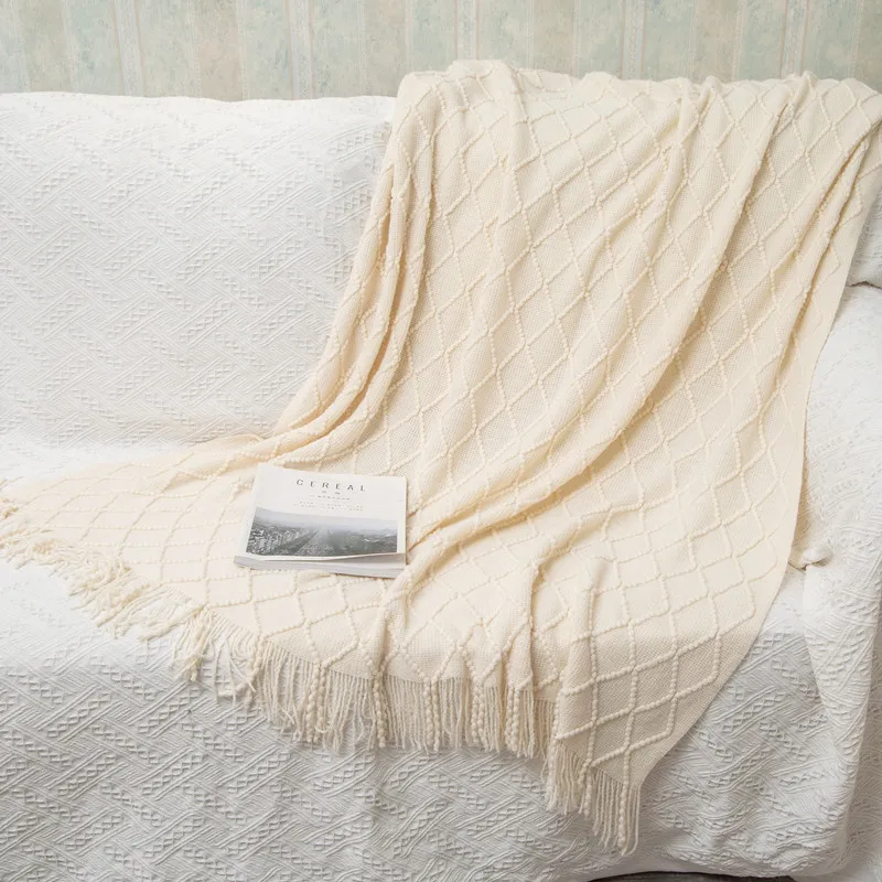

Thread Blanket with Tassel Solid Beige Grey Pink Throw Blanket for Bed Sofa Home Textile Fashion Cape 130x230cm Knitted Blanket