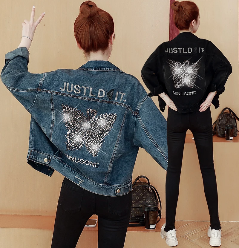 

Denim jacket women short 2021 spring and autumn new Korean fashion loose black embroidered jacket jacket with hot diamonds