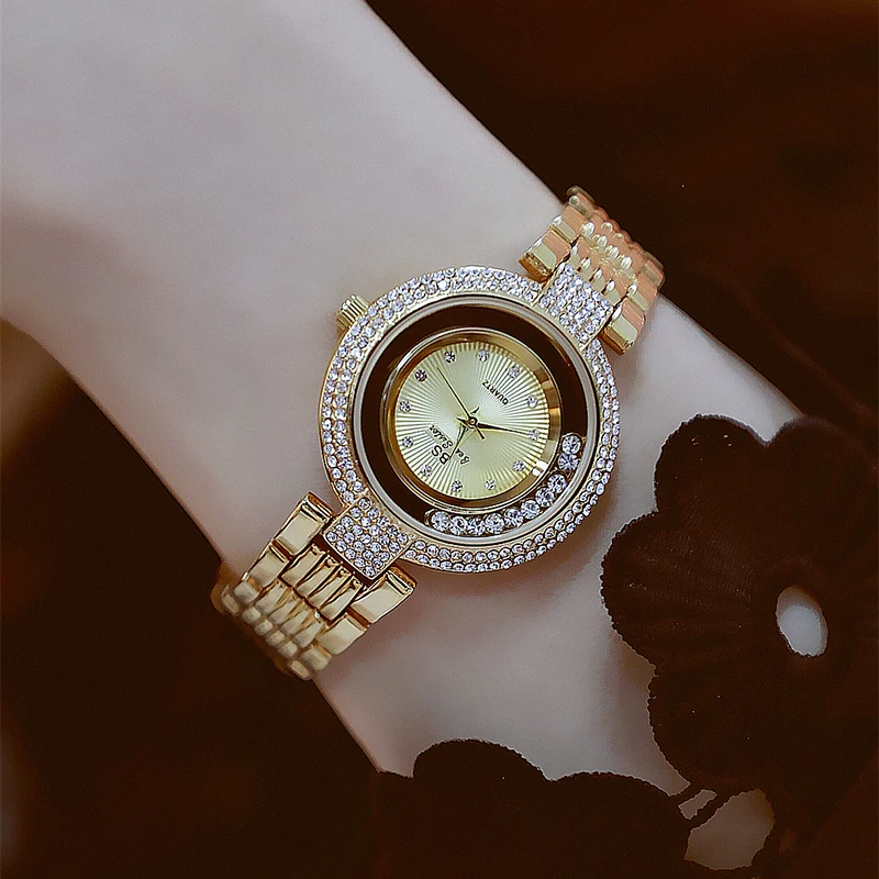 

Часы женские, водонепроницаемые, с золотистым циферблатом, Искусственный горный хрусталь