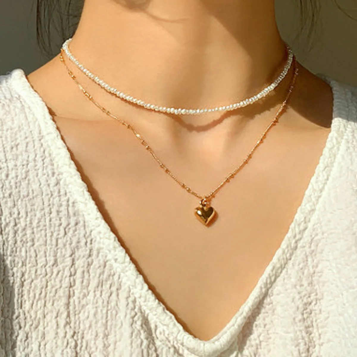 

Sindlan Double Layer Vintage Pearl Gold Color Pendant Necklace for Women Simple Beaded Chians Heart Female Y2k Jewelry Collares