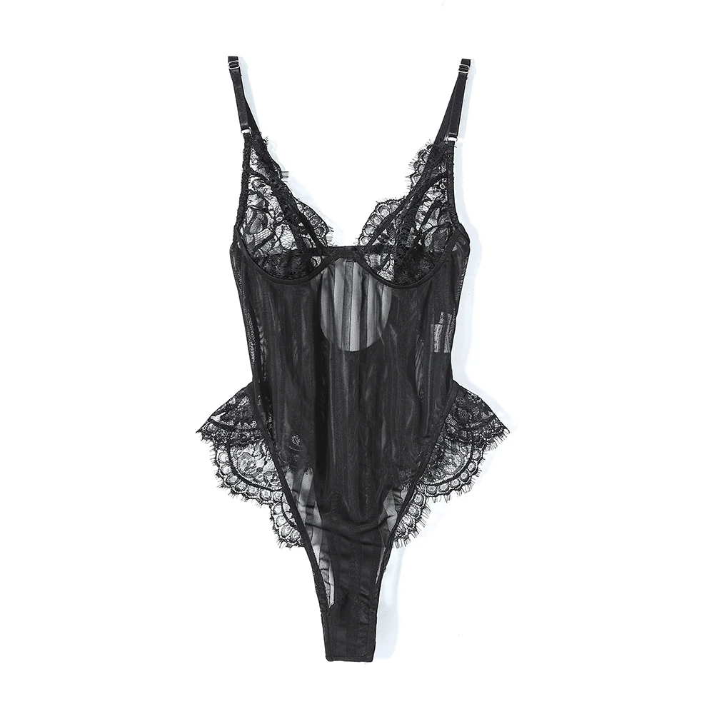 Сексуальный кружевной боди с лямкой через шею Женский узкий комбинезон вырезами