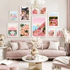 Постер с марокканской печатью для путешествий и городов, настенная Картина на холсте с розовым итальянским ландшафтом, Санторини, Позитано, Лиссабон, домашний декор