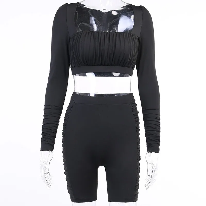

2020 Sexy Solid Tracksuit Women' s Two Pieces Sets Long Sleeve Square Collar Tee Pleated Side Skinny Shorts Set Female Tracksuit
