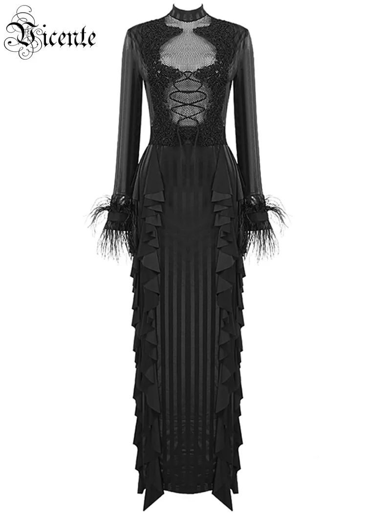 Модное Длинное платье с длинными рукавами в полоску сеткой со шнурками черное