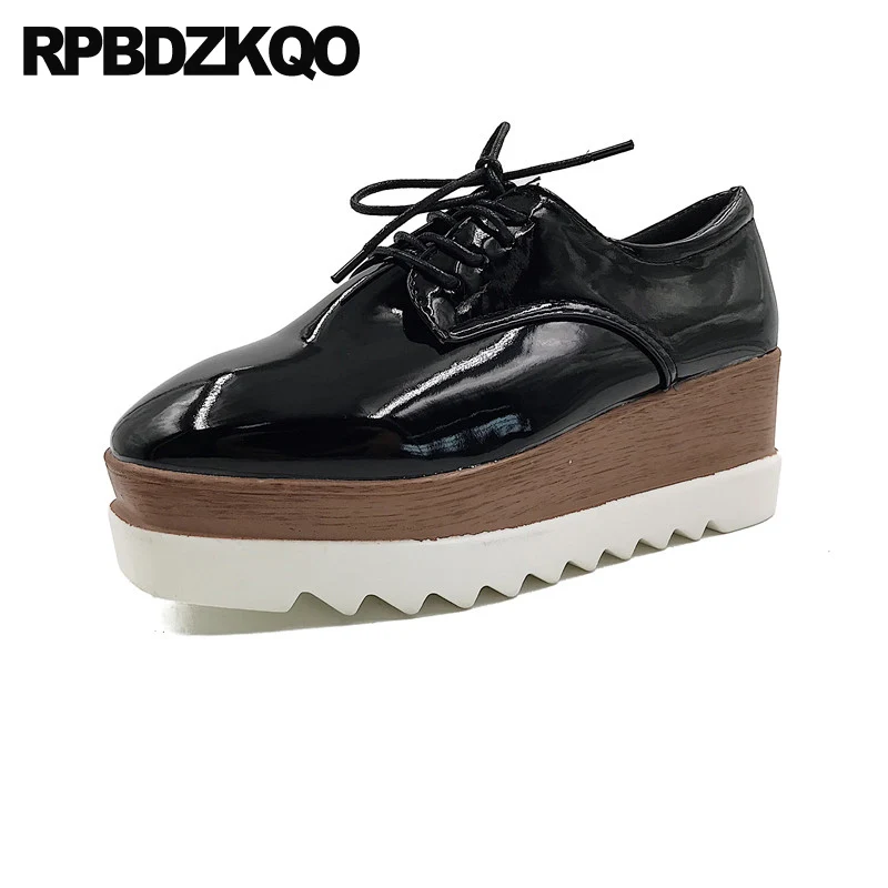 

metallic cheap wedge square toe shallow patent leather lace up women elevator black creepers platform shoes white thick sole