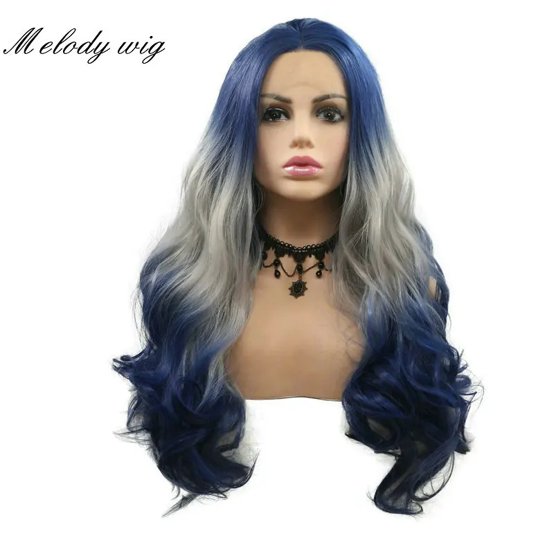 Melody Synthetic Lace Front Wigs Heat Resistant Dark Blue Ombre Gray To Blue Long Body Wave for Women Natural Looking Daily Wear