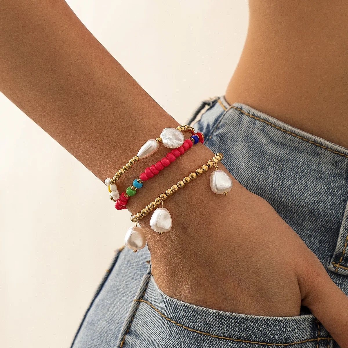 

3Pcs/Set New Ins Style Pearl Acrylic Beaded Bracelets for Elegant Women Girls Charms Gold Flower Adjustable Jewelry Accessories