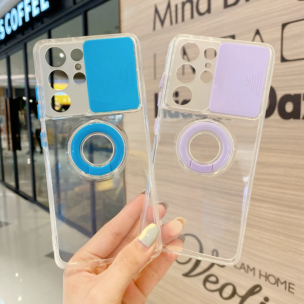 

Candy Color Slide Camera Lens Protection Ring Stand Case For Samsung Galaxy S21 Ultra Plus A72 A52 A32 5G Silicone Clear Cover