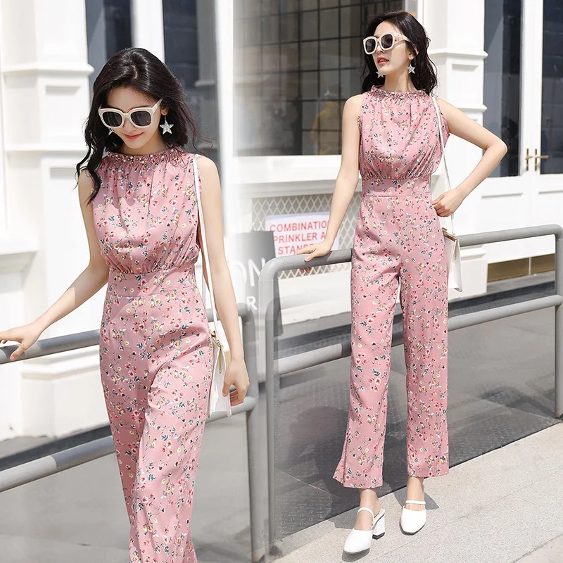 Женский шифоновый комбинезон с цветочным принтом без рукавов |