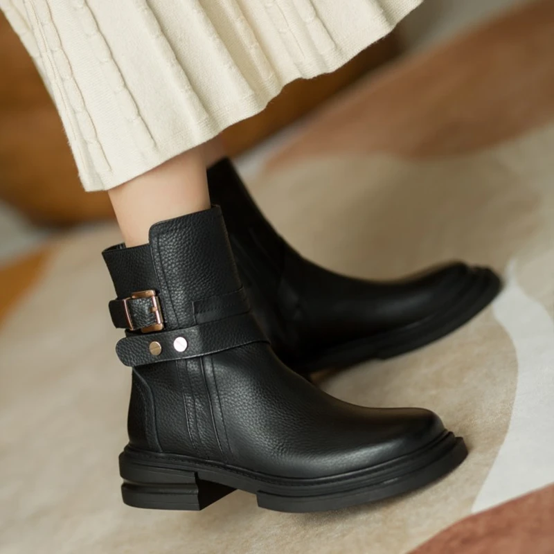 

2021 Winter Women Shoes Round Toe Leather Boots Women Fall Shoes Women Solid Black Boots Comfort Chunky Boots Casual Short Boots