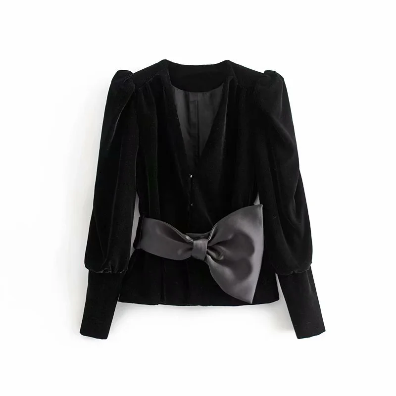 black coat Star firefly Модный женский топ, осень, повседневный тонкий v-образный вырез, бант, сплошной цвет, Официальный бархат, Укороченное пальто для женщин - Color: black coat