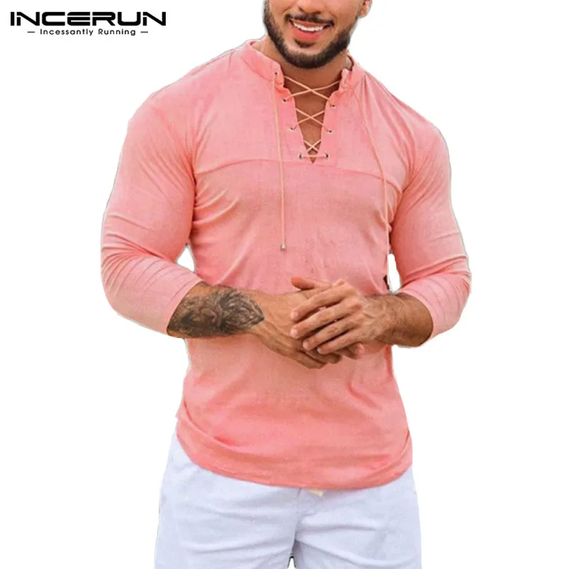 

INCERUN Autumn Men Casual Shirt Lace Up 2021 Long Sleeve Vintage Blouse V Neck Streetwear Leisure Solid Camisa Masculina S-5XL 7
