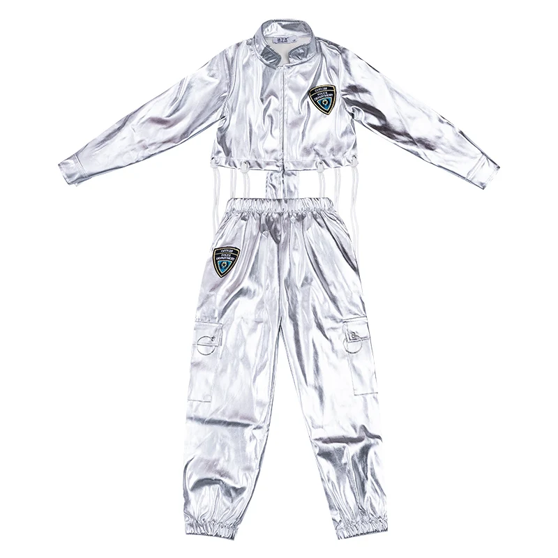 

Children Street Dance Costumes Long Sleeve Silver Jacket Pants Girl Hip Hop Clothing Kids Jazz Stage Performance Clothes