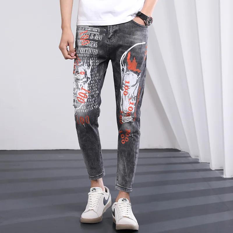 

Summer Trend Hip Hop Graffiti Print Jeans Men's Slim Fit Stretch Denim Pants Autumn Youth Ripped Ankle Length Cowboys Trousers