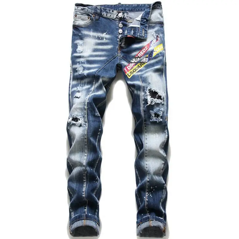 

Синие джинсы с дырками для мужчин, прямые длинные джинсовые брюки, мужские Стрейчевые облегающие джинсы, новые модные мужские джинсы с наши...