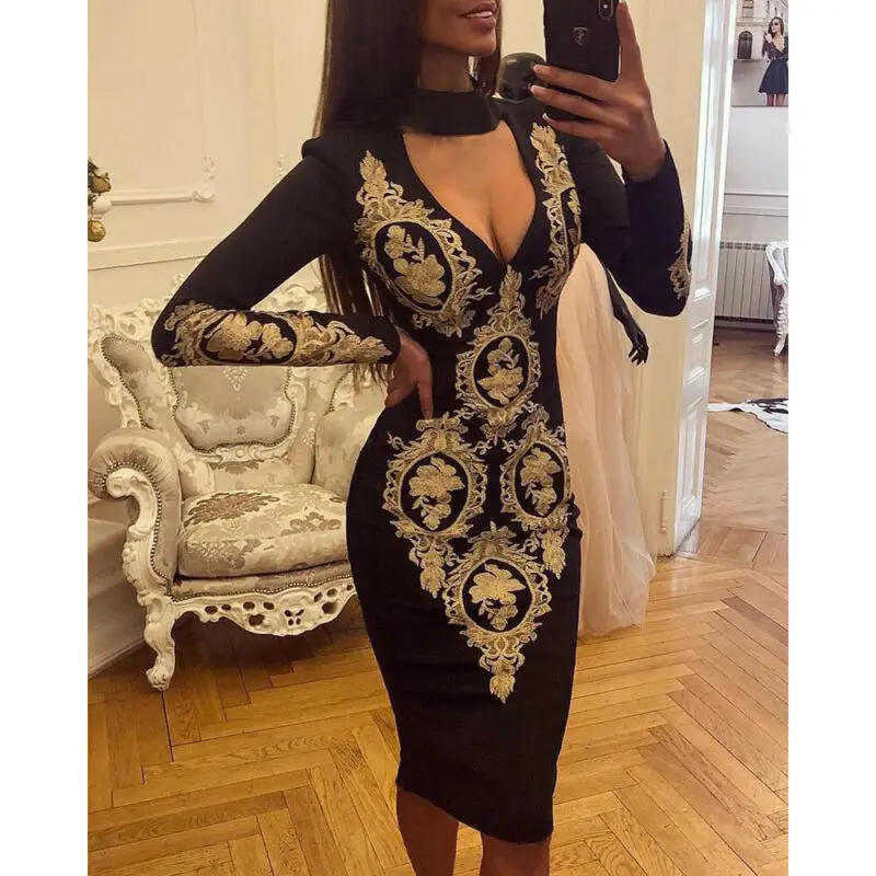 

Sexy Women Florid Print Deep V Neck Long Sleeve Sheath Dress Elegant Slim Club Bodycon Long Dress