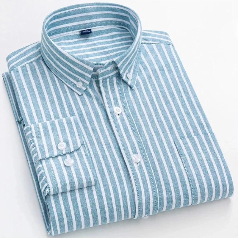 Large Sizes 8XL 7XL 100% Oxford Cotton Long sleeve Dress Shirt For Men Buttons Up Plaid Shirt Striped Pocket Camisa Mens Shirts