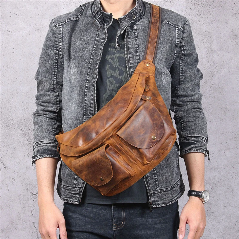 

Male Genuine Leather Large Capacity Men's Chest Bag Retro Crazy Horse Cowhide Waist Pack Daily Casual Shoulder Messenger Bags