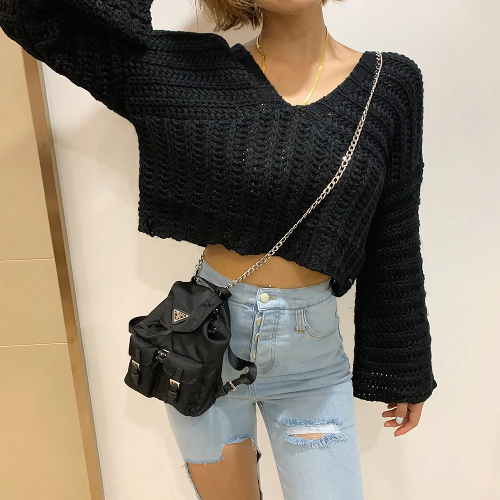2019 Time-limited Promotion Acrylic Full Pullover Sweater Women Poncho Sexy V-neck Line Trumpet Sleeve Knitted | Женская одежда